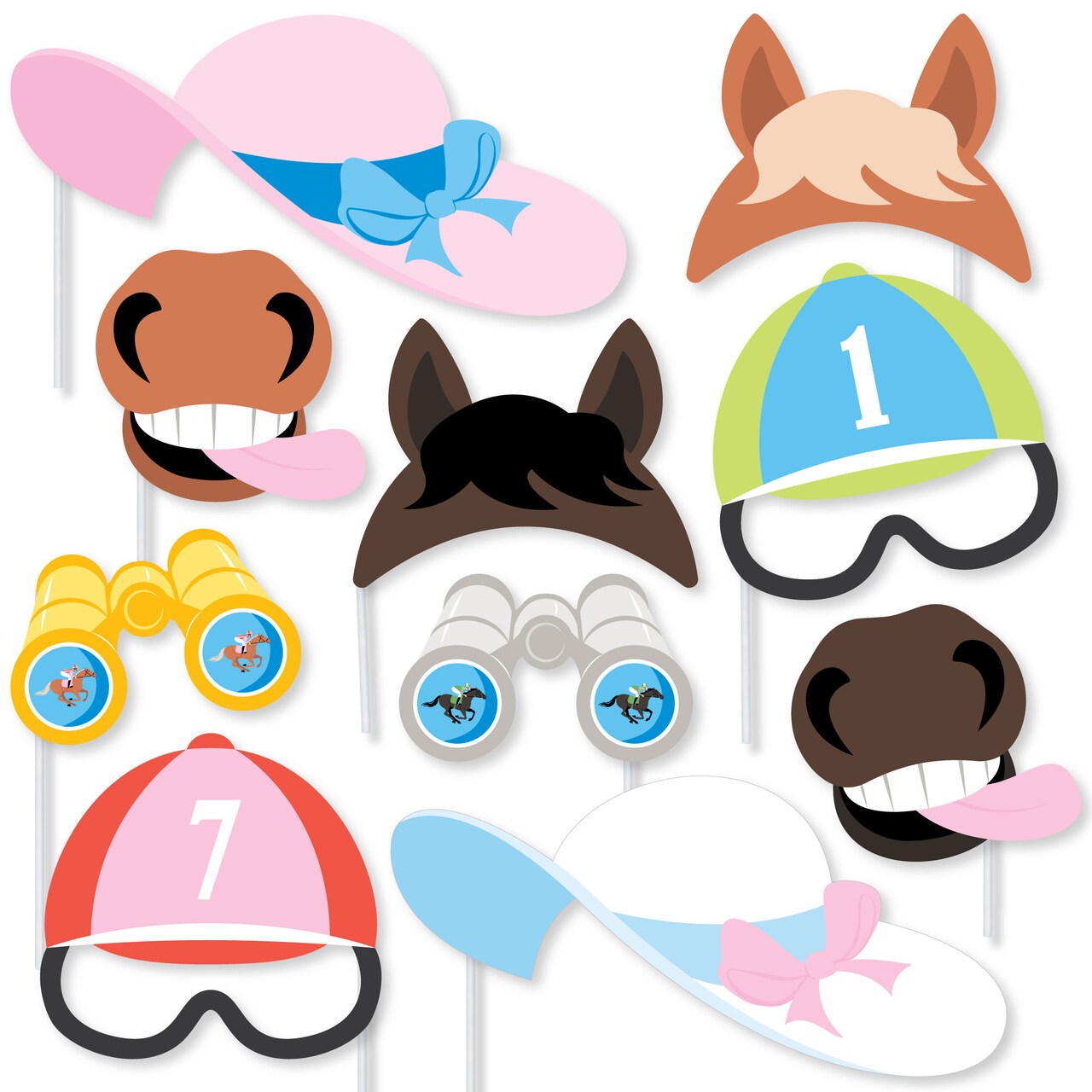 Big Dot of Happiness Derby Horse Race Photo Booth Prop Glasses, Masks, and Hat Accessories, Kentucky Party Decor - 10 Count Prop Sticks